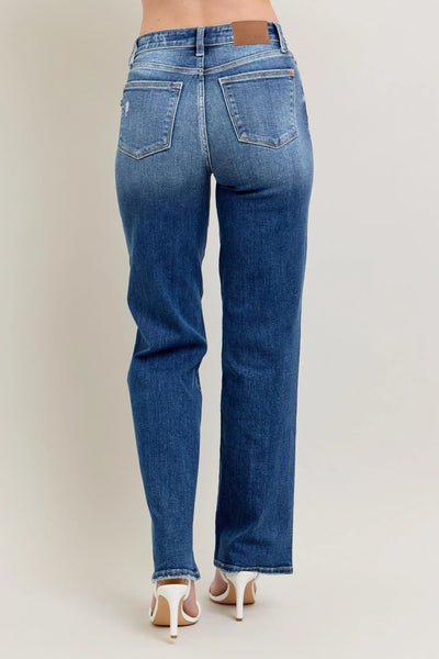 Close-up of the cuffed hem on Judy Blue High-Waist 90s Straight Leg Jeans, offering a trendy and stylish finish.