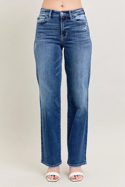 Side view of Judy Blue Full Size High-Waist 90s Straight Leg Jeans, highlighting the straight-leg fit and high-waisted design for a flattering silhouette.