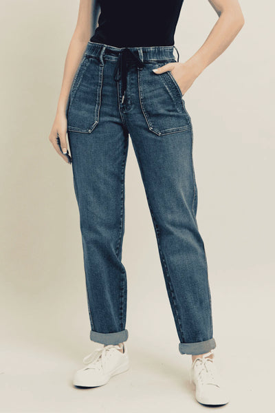 Front view of Judy Blue Full Size High-Waisted Vintage Wash Flare Jeans with Drawstring in Dark Wash.