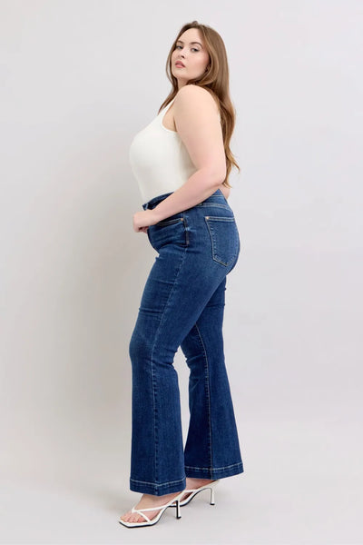 Back view of Judy Blue High-Rise Flare Jeans with pockets, showing the clean design and fit for a flattering silhouette.