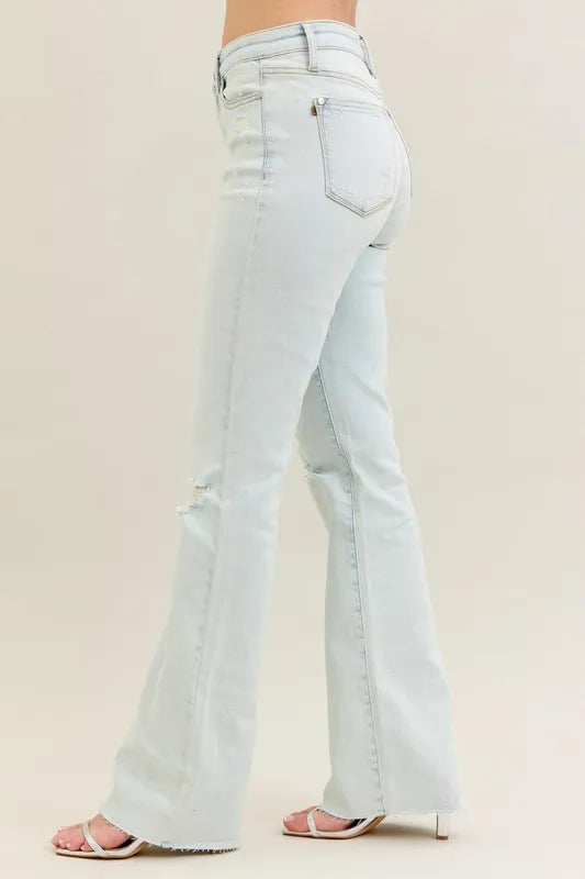 Back view of Judy Blue Destroy Fray Hem Bootcut Jeans, showing the clean design and structured fit for a flattering silhouette.