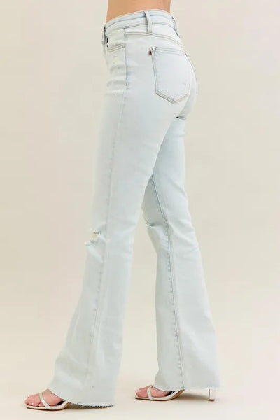 Back view of Judy Blue Destroy Fray Hem Bootcut Jeans, showing the clean design and structured fit for a flattering silhouette.