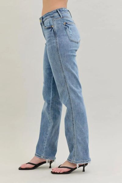 Close-up of the frayed hem and cell phone pocket detailing on Judy Blue Frayed Hem Cell Phone Pocket Dad Jeans, emphasizing the practical design.