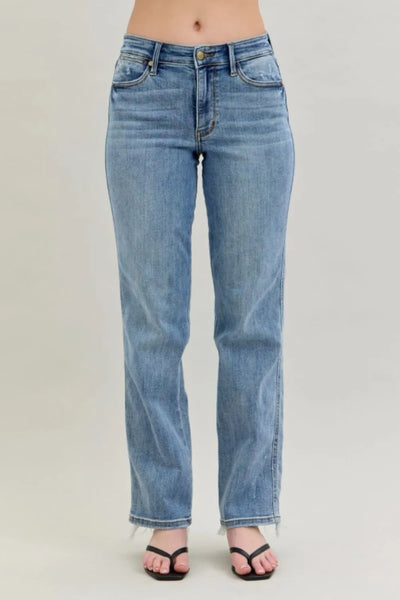 Side view of Judy Blue Frayed Hem Cell Phone Pocket Dad Jeans, highlighting the relaxed fit and stylish frayed hem design.