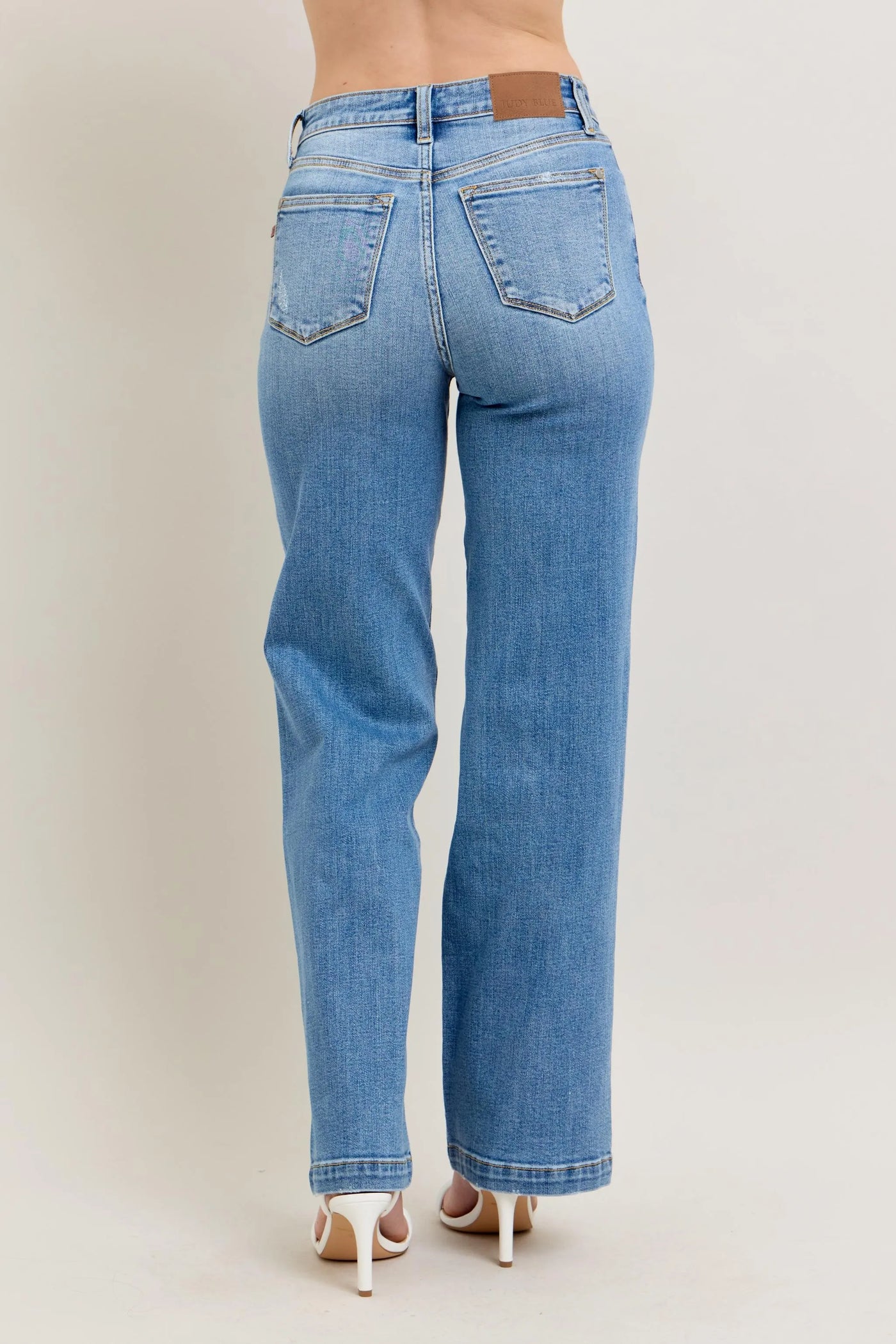 Detailed view of the pockets and stitching on Judy Blue Full Size High-Waist Straight Jeans, highlighting the classic style.