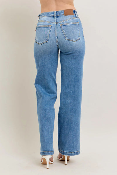 Detailed view of the pockets and stitching on Judy Blue Full Size High-Waist Straight Jeans, highlighting the classic style.
