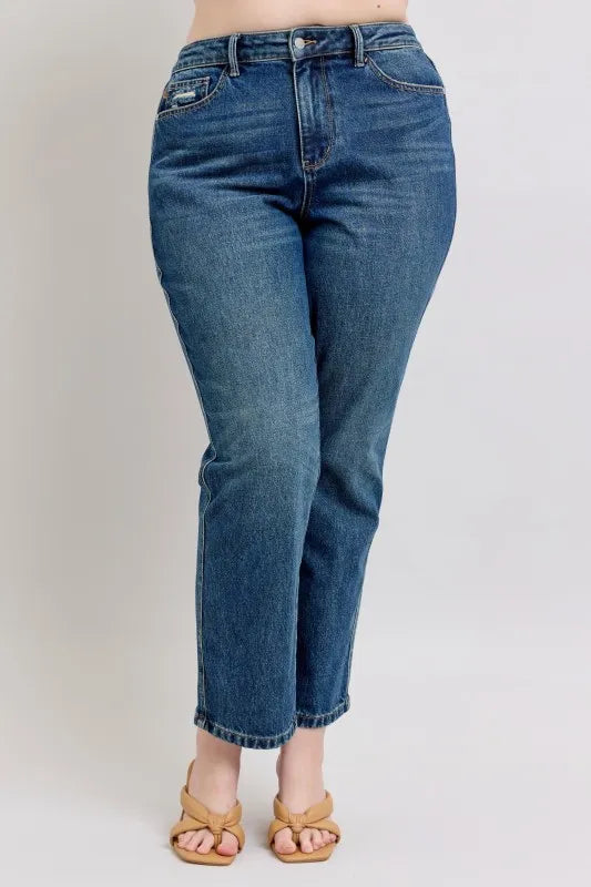 Close-up of the pocket design and stitching details of Judy Blue Full Size High-Waisted Straight Leg Jeans.