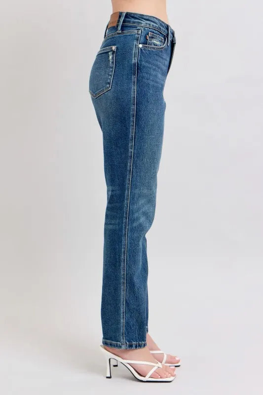 Back view of Judy Blue High-Waisted Straight Leg Jeans, highlighting the clean design and structured fit.