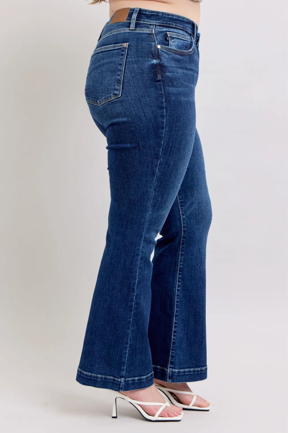 Close-up of the back pocket design and stitching details on Judy Blue High-Rise Flare Jeans, emphasizing the classic pocket style.