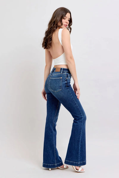 "Close-up of the hemline of Judy Blue Full Size High-Rise Flare Jeans, showcasing the clean and structured finish for a polished look.