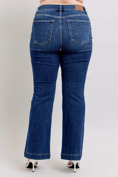 Close-up showing the stretchy, comfortable fabric of Judy Blue High-Rise Flare Jeans with pockets, providing all-day comfort.