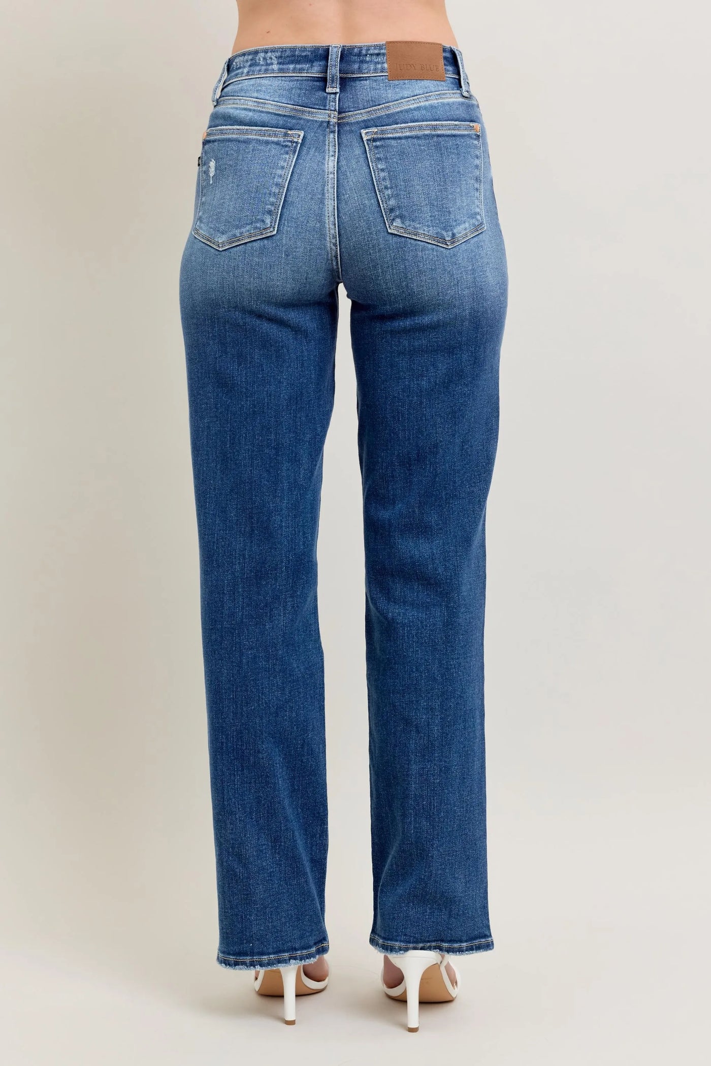 Detailed view of the pockets and stitching on Judy Blue Full Size High-Waist 90s Straight Leg Jeans, emphasizing the classic design.