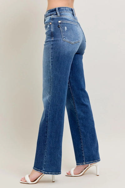 Back view of Judy Blue High-Waist 90s Straight Leg Jeans, showcasing the waistband and flattering fit for curvy women.