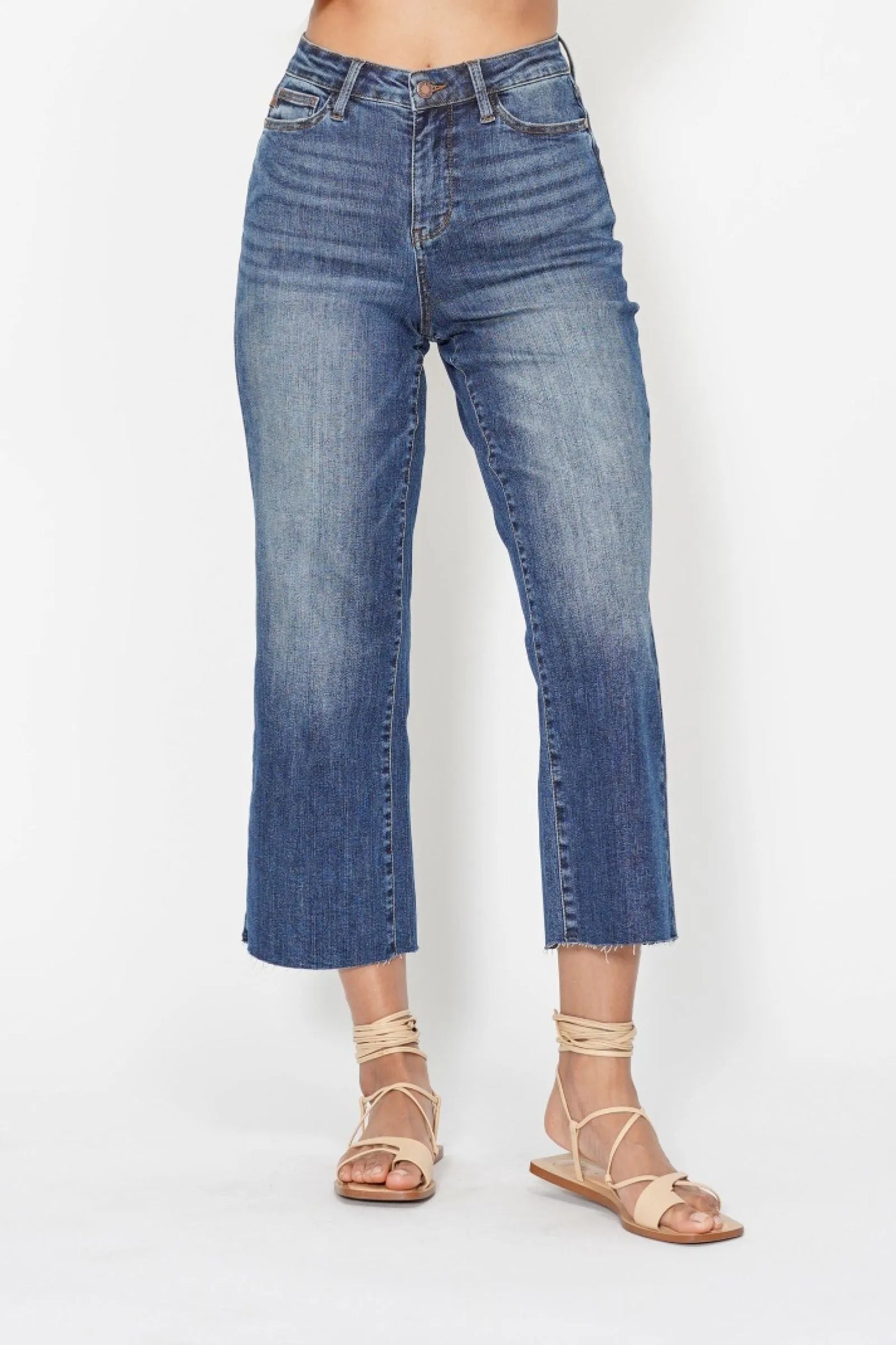 Front view of Judy Blue High Waist Back Pocket Embroidery Crop Wide Jeans.