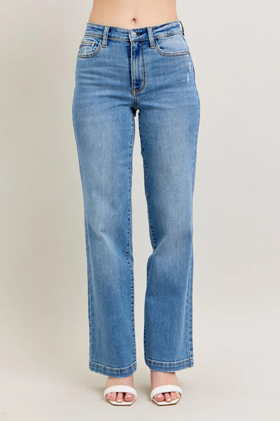 Judy Blue Full Size High-Waist Straight Jeans in dark blue denim, offering a classic, slimming straight-leg fit for plus-size women.