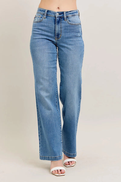 Side view of Judy Blue Full Size High-Waist Straight Jeans, showing the structured fit and high-waisted design for a flattering look.