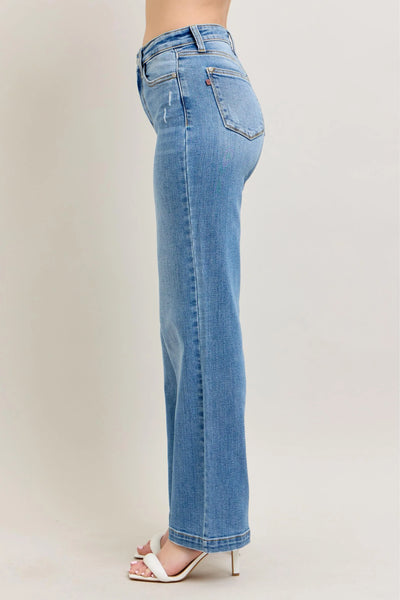 Close-up of the waistband of Judy Blue Full Size High-Waist Straight Jeans, featuring a secure, figure-enhancing fit.