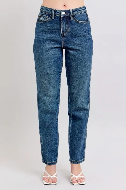 Judy Blue Full Size High-Waisted Rigid Magic Straight Leg Jeans in classic blue denim, offering a flattering fit for plus size women.