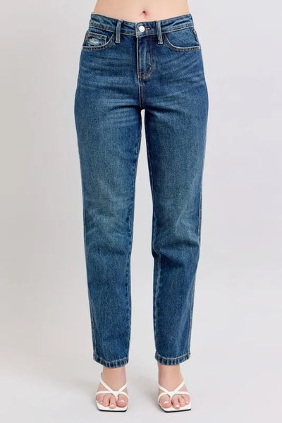 Judy Blue Full Size High-Waisted Rigid Magic Straight Leg Jeans in classic blue denim, offering a flattering fit for plus size women.