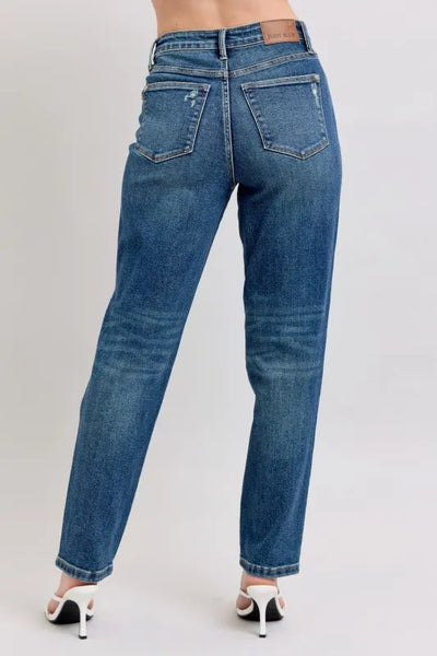 "Close-up of the rigid denim material of Judy Blue High-Waisted Straight Leg Jeans, showcasing the non-destroyed finish.