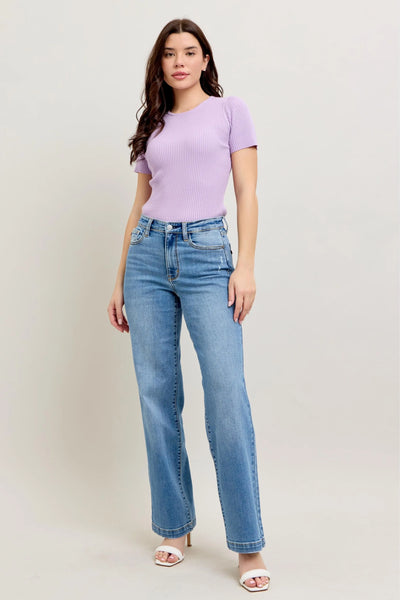 Full-length view of the plus-size model wearing Judy Blue Full Size High-Waist Straight Jeans, highlighting the straight-leg cut.