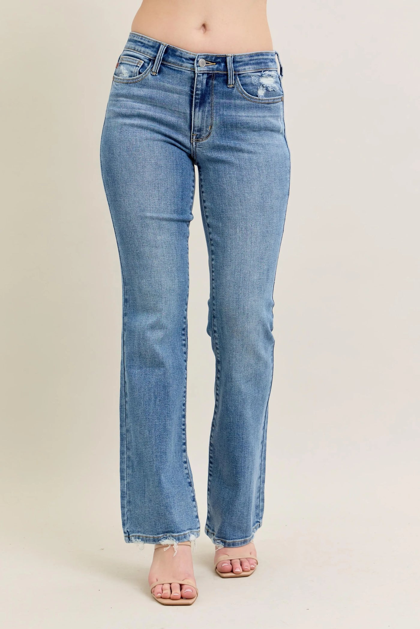 Front view of Judy Blue Full Size Mid Rise Wash Destroy Hem Bootcut Jeans Plus Size.