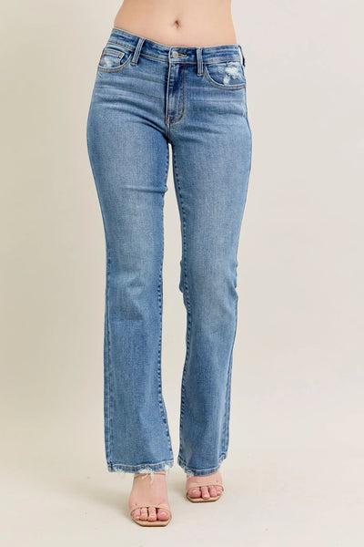 Front view of Judy Blue Full Size Mid Rise Wash Destroy Hem Bootcut Jeans Plus Size.