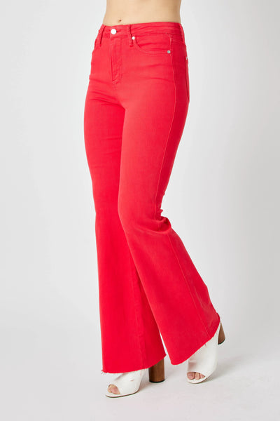 Back view showcasing the fit of Judy Blue Full Size High-Waisted Tummy Control Garment Dyed Flare Jeans in Red.