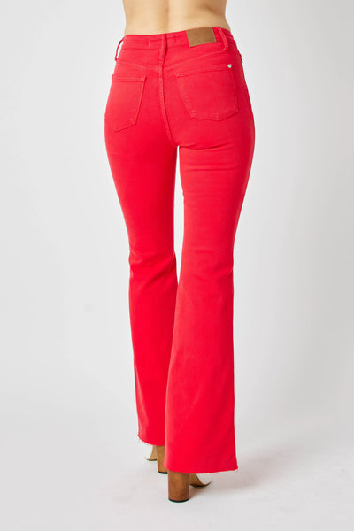 Close-up of the back detailing of Judy Blue Full Size High-Waisted Tummy Control Garment Dyed Flare Jeans in Red.