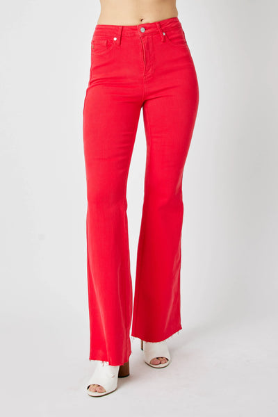 Front view of Judy Blue Full Size High-Waisted Tummy Control Garment Dyed Flare Jeans in Red.