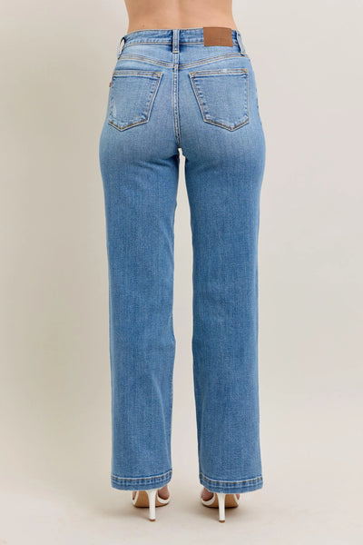 Close-up of the durable denim fabric of Judy Blue Full Size High-Waist Straight Jeans, designed for a rigid, non-stretch fit.