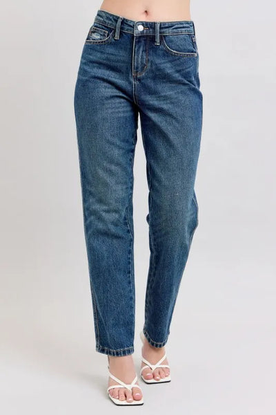 Side view of Judy Blue Full Size High-Waisted Straight Leg Jeans, showing the slim fit and rigid denim texture.