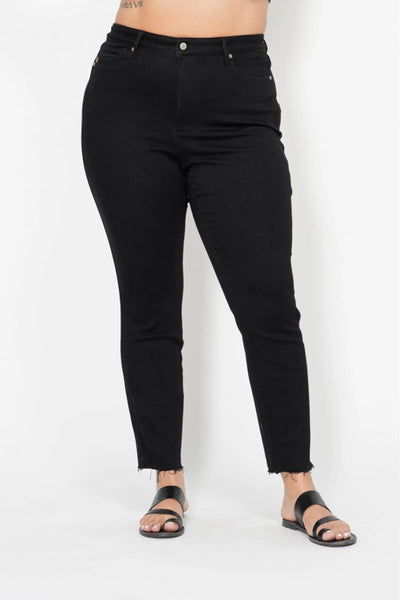 Side view of Judy Blue High-Waisted Skinny Jeans with tummy control and sleek fit for curvy women.