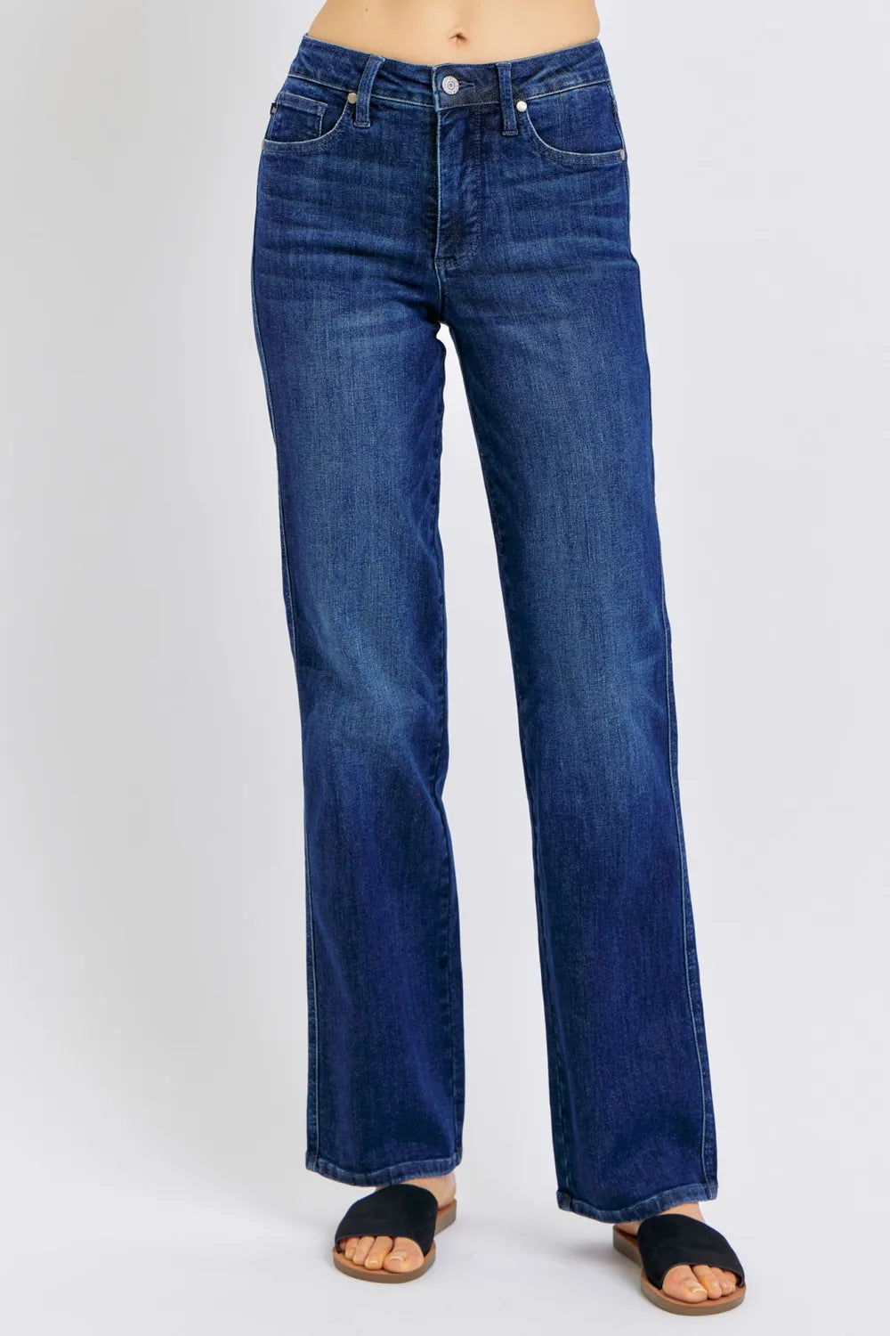 Side view showcasing the fit of Judy Blue Full Size Tummy Control Straight Jeans Plus Size.
