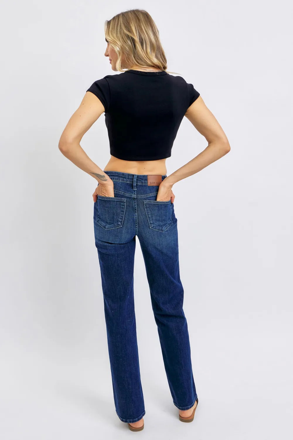 Close-up of the back detailing of Judy Blue Full Size Tummy Control Straight Jeans Plus Size.