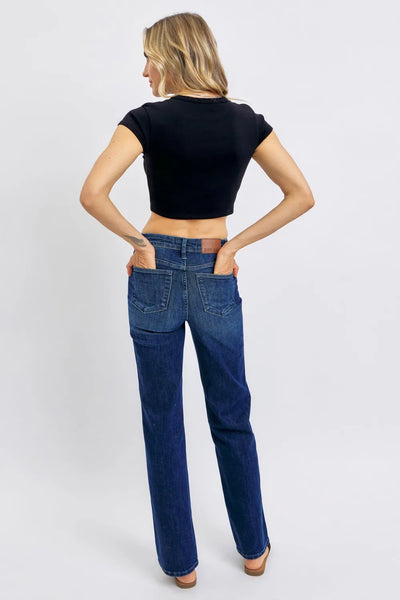 Close-up of the back detailing of Judy Blue Full Size Tummy Control Straight Jeans Plus Size.