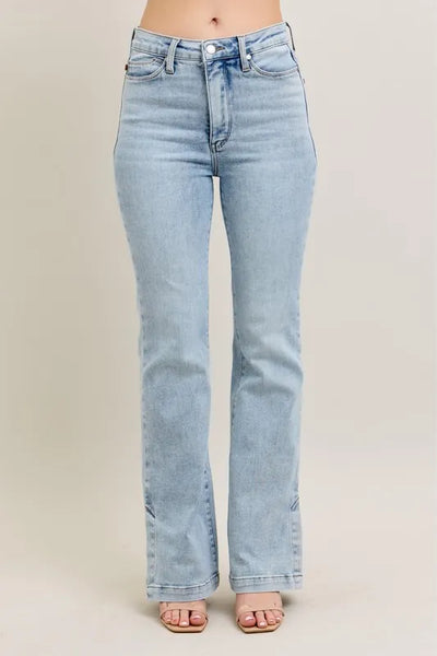 Front view of Judy Blue Full Size Tummy Control Vintage Wash Side Slit Slim Boot Jeans Plus Size.