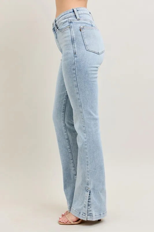 Back view highlighting the design of Judy Blue Full Size Tummy Control Vintage Wash Side Slit Slim Boot Jeans Plus Size.