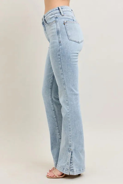 Back view highlighting the design of Judy Blue Full Size Tummy Control Vintage Wash Side Slit Slim Boot Jeans Plus Size.