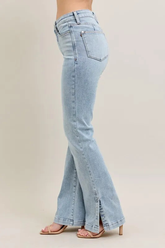 Close-up of the front detailing of Judy Blue Full Size Tummy Control Vintage Wash Side Slit Slim Boot Jeans Plus Size.