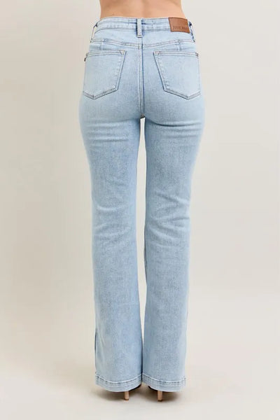 Close-up of the back detailing of Judy Blue Full Size Tummy Control Vintage Wash Side Slit Slim Boot Jeans Plus Size.