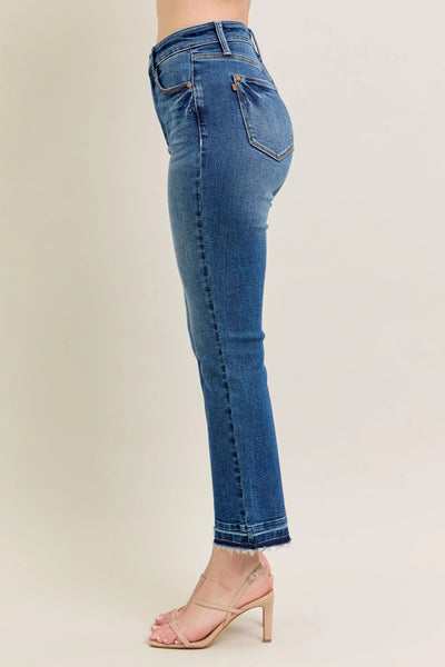 Angled back view of Judy Blue Full Size High-Waisted Vintage Wash Release Hem Kick Flare Jeans Plus Size.
