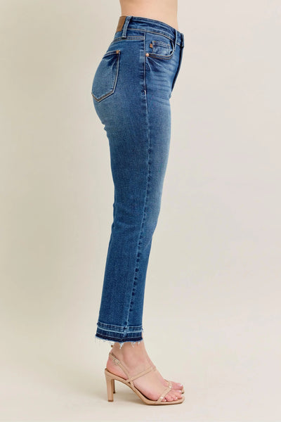 Back view highlighting the fit of Judy Blue Full Size High-Waisted Vintage Wash Release Hem Kick Flare Jeans Plus Size.