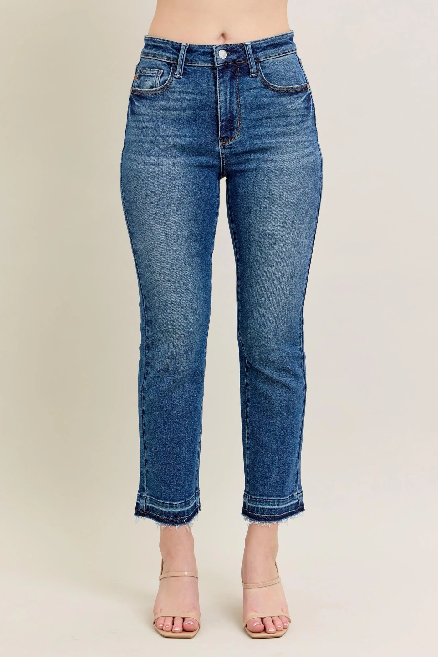 Another front view of Judy Blue Full Size High-Waisted Vintage Wash Release Hem Kick Flare Jeans Plus Size.