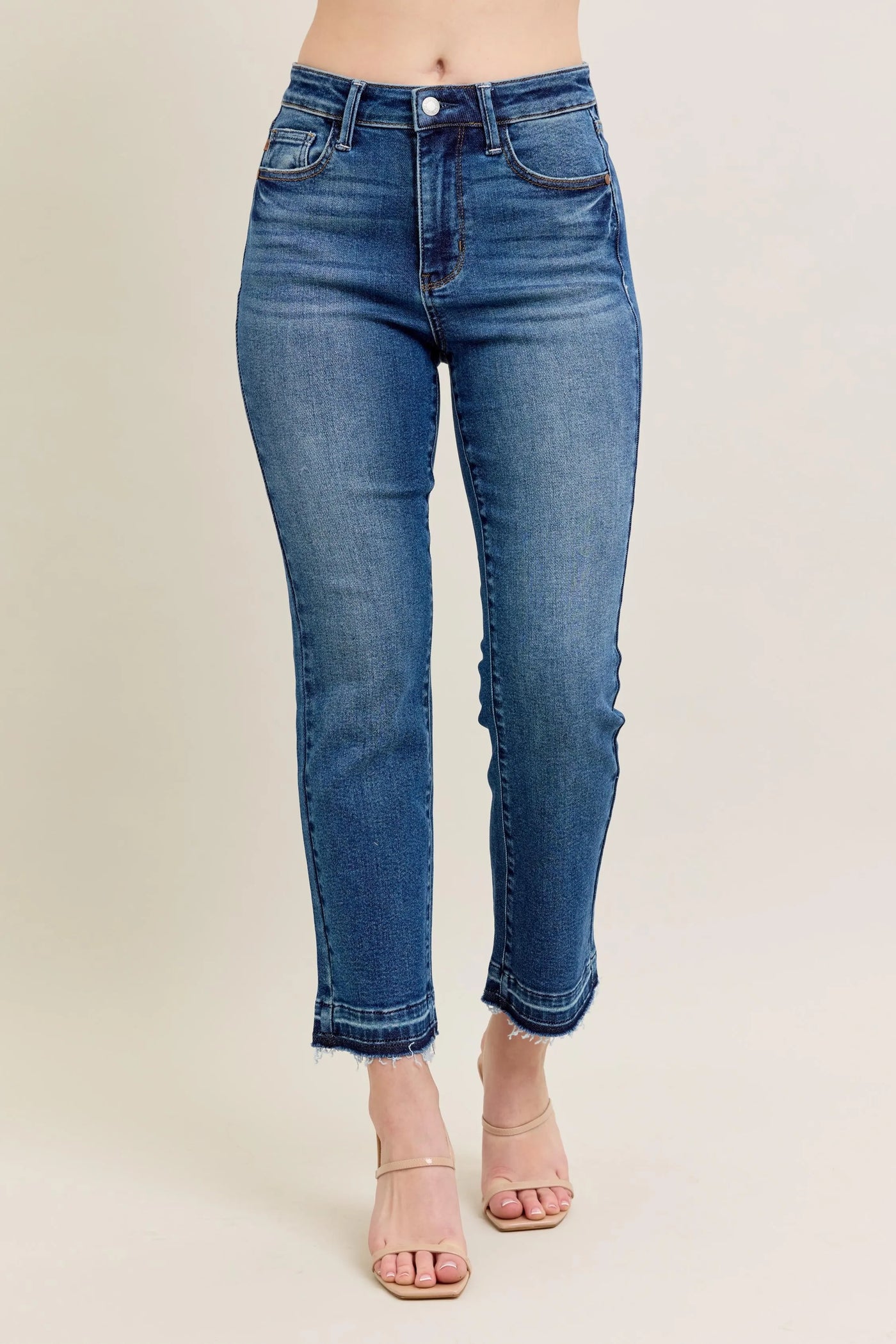 Front view of Judy Blue Full Size High-Waisted Vintage Wash Release Hem Kick Flare Jeans Plus Size.