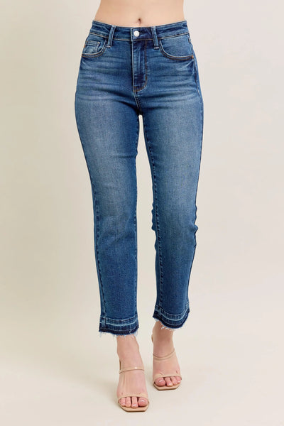 Front view of Judy Blue Full Size High-Waisted Vintage Wash Release Hem Kick Flare Jeans Plus Size.