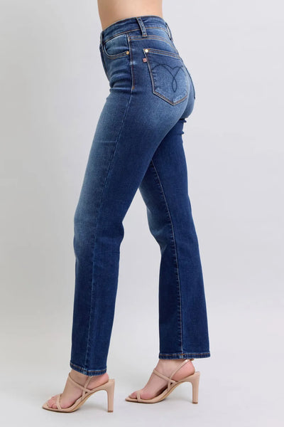 Close-up of the front detailing of Judy Blue Full Size Washed Straight Leg Jeans with Pockets.