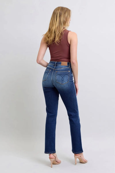 Close-up side view emphasizing the straight leg fit of Judy Blue Full Size Washed Straight Leg Jeans with Pockets.