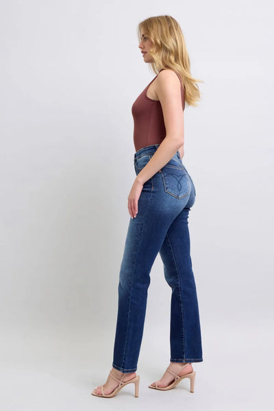 Angled back view of Judy Blue Full Size Washed Straight Leg Jeans with Pockets, highlighting the fit.