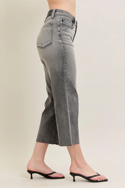 Side view showcasing the fit of Judy Blue Full Size Wide Leg Capris Jeans Plus Size.